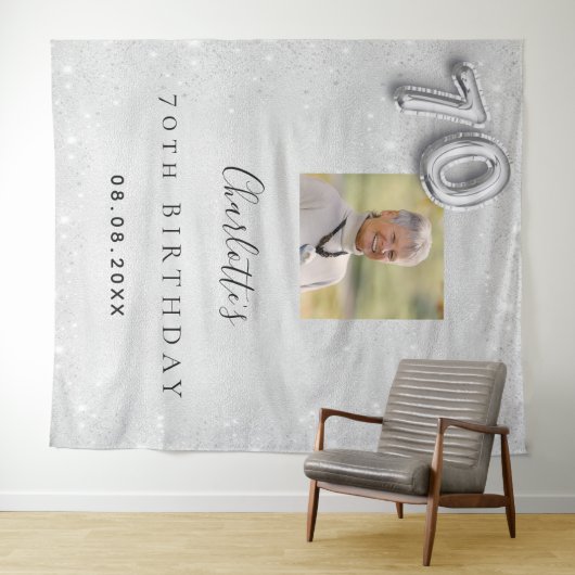 シルバーの写真グリッター 70歳の誕生日おめでとう タペストリー (インサイチュ(横))