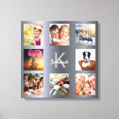 シルバーの写真コラージュ ファミリー モノグラム キャンバスプリント (正面)