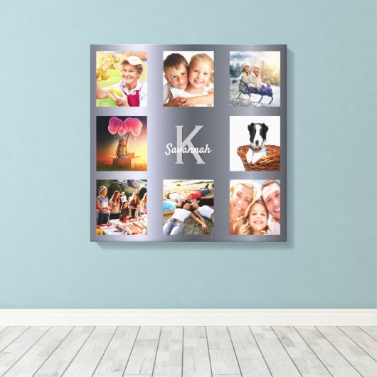 シルバーの写真コラージュ ファミリー モノグラム キャンバスプリント (インサイチュ (ウッドフロア))