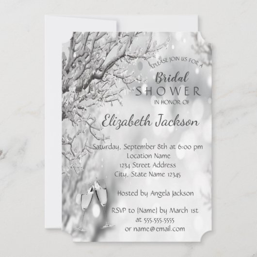 シルバーの木の枝、ワイングラスのブライダルシャワー 招待状 (正面)