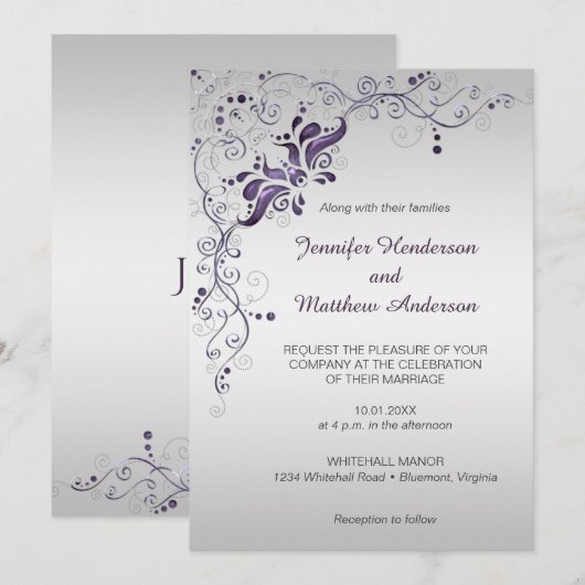シルバーの結婚式招待状に豪華な紫の渦巻き 招待状 (正面/裏面)