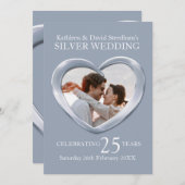 シルバーの結婚25周年 ハート写真 パーティー招待状 招待状 (正面/裏面)