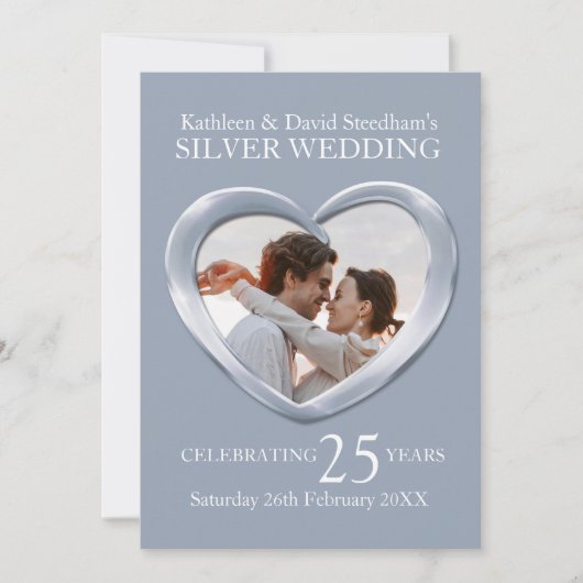 シルバーの結婚25周年 ハート写真 パーティ招待 招待状 (正面)