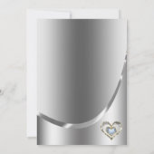 シルバーの背景とダイヤモンドの結婚ハート 招待状 (裏面)