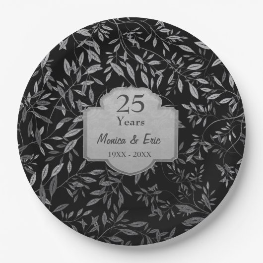 シルバーの葉のブラック 25周年記念 ペーパープレート (正面)