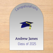 シルバーの青い卒業式キャップ – おめでとう アクリル招待状 (正面)