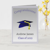 シルバーの青い卒業式キャップ – おめでとう カード (黄色い花)