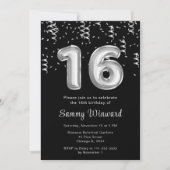 シルバーの風船と紙吹雪の16歳の誕生日 招待状 (正面)