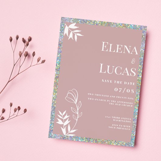 シルバーほこりっぽいバラホワイトスケッチ結婚フローラ 招待状