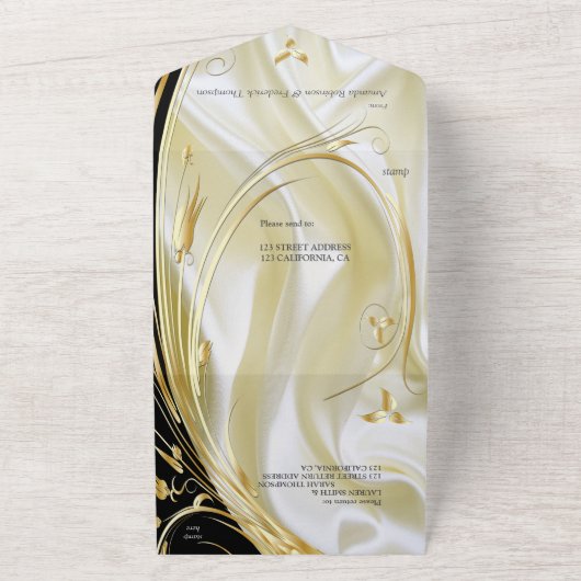 シルバーまたは金ゴールドの抽象芸術の花 – シルク&アート オールインワン招待状 (外側)