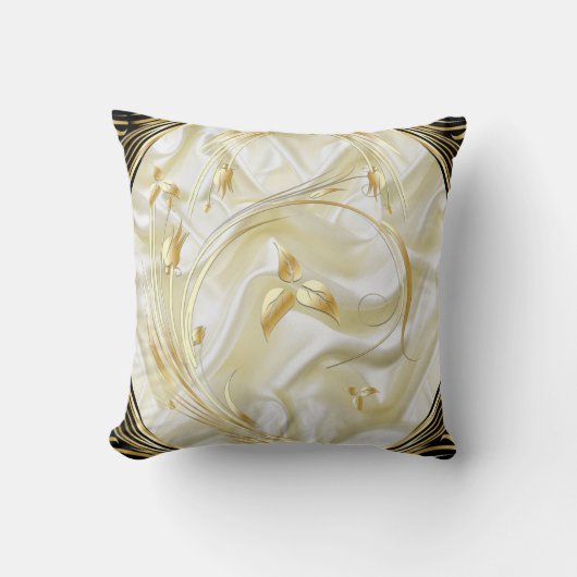シルバーまたは金ゴールドの抽象芸術の花 – シルク&アート クッション (正面)