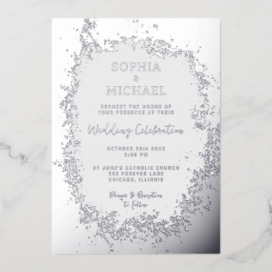 シルバーアイスエレガントなウェディング招待状フォトウィンター 箔シーズンカード (正面)