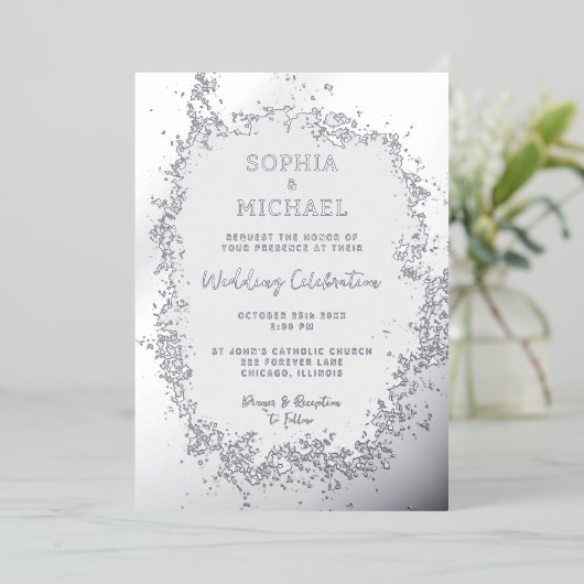 シルバーアイスエレガントなウェディング招待状フォトウィンター 箔シーズンカード (立ち正面)