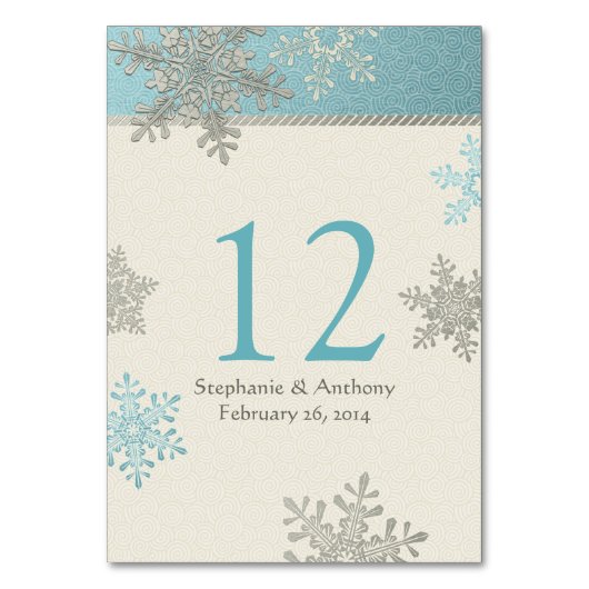 シルバーアイスブルーアイボリー雪片ウィンターウェディング テーブルナンバー (正面)