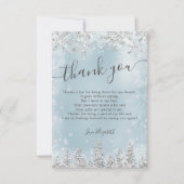 シルバーアイスブルー雪の松の冬ブライダルシャワー サンキューカード (正面)