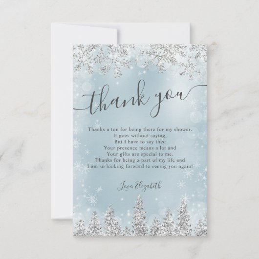 シルバーアイスブルー雪の松の冬ブライダルシャワー サンキューカード (正面)