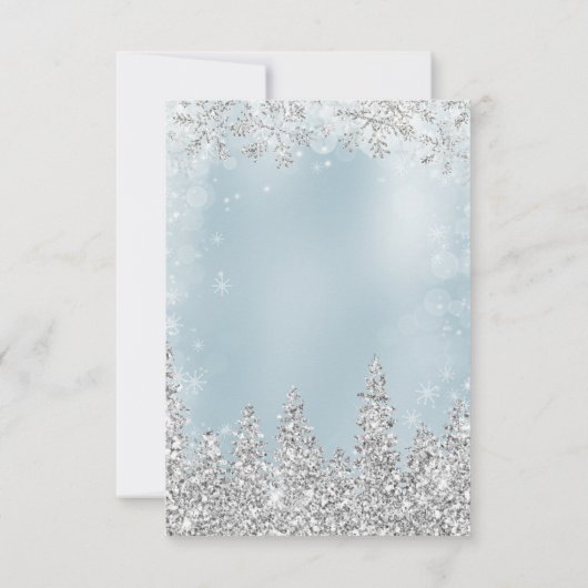 シルバーアイスブルー雪の松の冬ブライダルシャワー サンキューカード (裏面)
