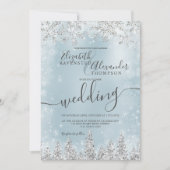 シルバーアイスブルー雪の松クリスマス冬の結婚式 招待状 (正面)
