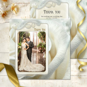 シルバーアイボリーバラ結婚のサンキューフォトカード
