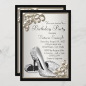 シルバーアイボリーブラックバースデーパーティー 招待状 (正面/裏面)