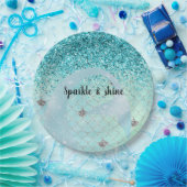 シルバーアクアグリッターマーメイドウォーターカラー ペーパープレート (パーティー)