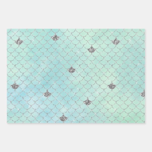 シルバーアクアグリッターマーメイドウォーターカラー ラッピングペーパーシート (正面2)