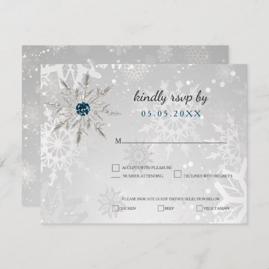 シルバーアクアスノーフレーク冬の結婚式svp 招待状 (正面/裏面)