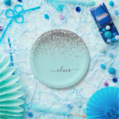 シルバーアクアティール(緑がかった色)ブルーガーリーグリッターモノグラム ペーパープレート (パーティー)