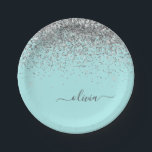 シルバーアクアティール（緑がかった色）ブルーガーリーグリッターモノグラム ペーパープレート<br><div class="desc">シルバーとアクアティール（緑がかった色）ブルースパークルグリッターモノグラム名前とイニシャルパーティープレート。これは、最高の甘い16歳の誕生日、結婚ブライダルシャワー、記念日、赤ちゃんシャワーまたはバチェロレッテギフトを作る誰かがグラームの豪華さとシックなスタイルを愛する。</div>