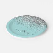 シルバーアクアティール(緑がかった色)ブルーガーリーグリッターモノグラム ペーパープレート (アングル)