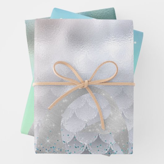 シルバーアクアピンクパープルグリッタースパークルマーメイド ラッピングペーパーシート (インサイチュ)