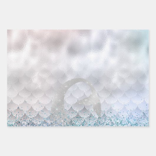 シルバーアクアピンクパープルグリッタースパークルマーメイド ラッピングペーパーシート (正面)