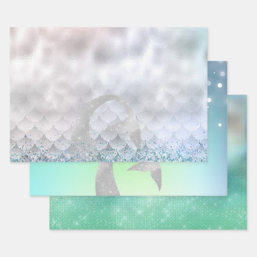シルバーアクアピンクパープルグリッタースパークルマーメイド ラッピングペーパーシート (セット)