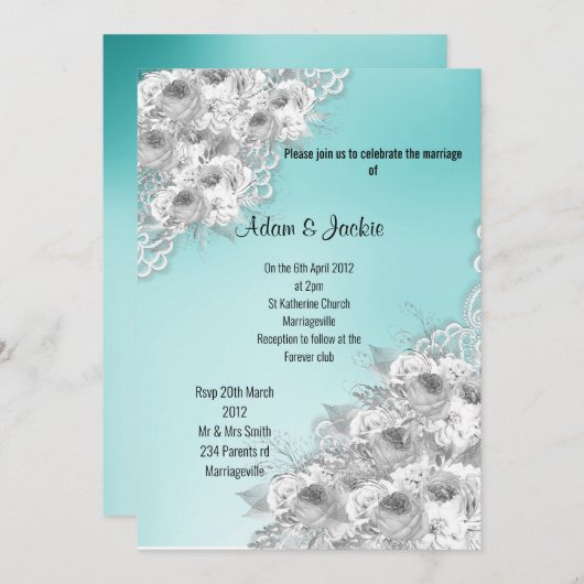 シルバーアクアフローラエレガントレモダンース 招待状 (正面/裏面)