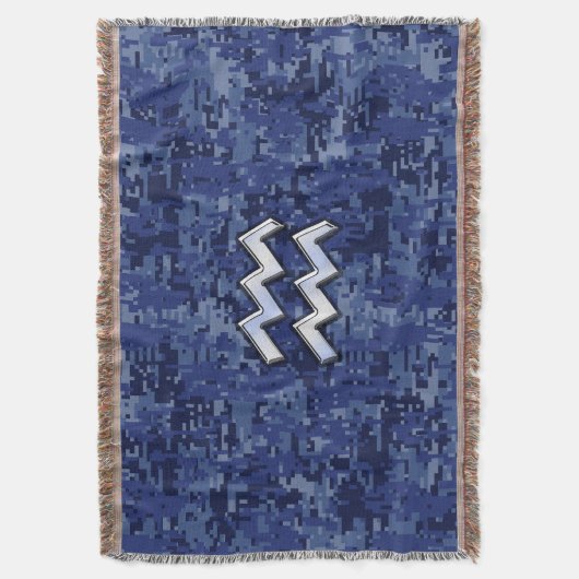 シルバーアクエリアス〔占星術の〕十二宮図サインネイビーブルーデジタル迷彩柄 スローブランケット (正面縦)