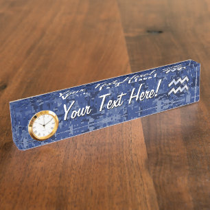 シルバーアクエリアス〔占星術の〕十二宮図サインネイビーブルーデジタル迷彩柄 デスクネームプレート