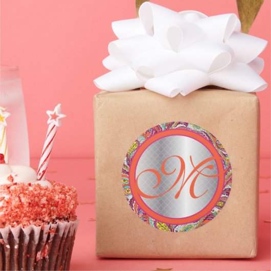 シルバーアクセントピーコックペイズリータンジェリン明るい赤紫色 ラウンドシール (パーティー)