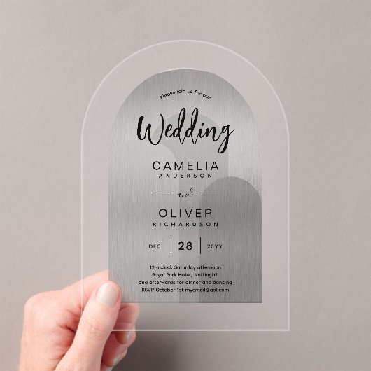 シルバーアクリルウェディングがブラック文字 モダン アクリル招待状 (インサイチュ (ポータブル))