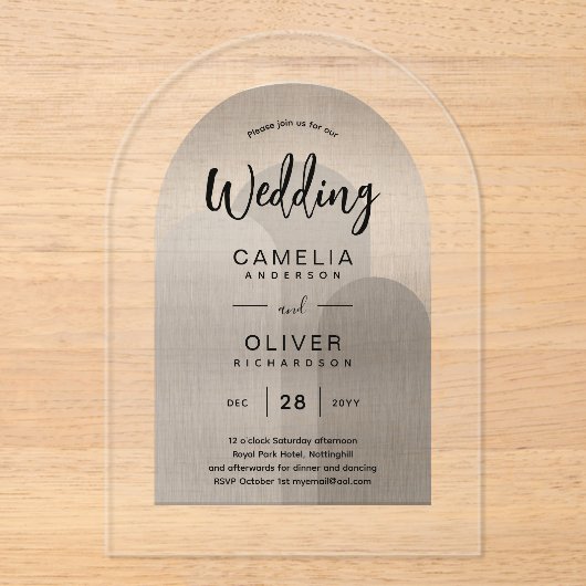 シルバーアクリルウェディングがブラック文字 モダン アクリル招待状 (正面)
