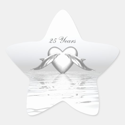 シルバーアニバーサリーイルカとハート 星シール (正面)