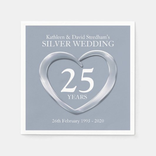 シルバーアニバーサリーハート写真の名前ナプキン スタンダードカクテルナプキン (正面)