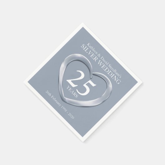 シルバーアニバーサリーハート写真の名前ナプキン スタンダードカクテルナプキン (角)