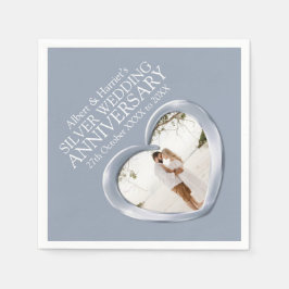 シルバーアニバーサリーハート写真の名前ナプキン スタンダードカクテルナプキン