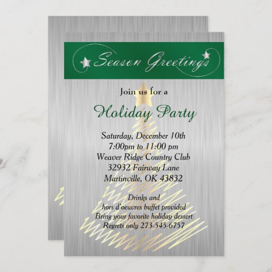 シルバーアンドグリーンクリスマスホリデーツリー 招待状 (正面/裏面)