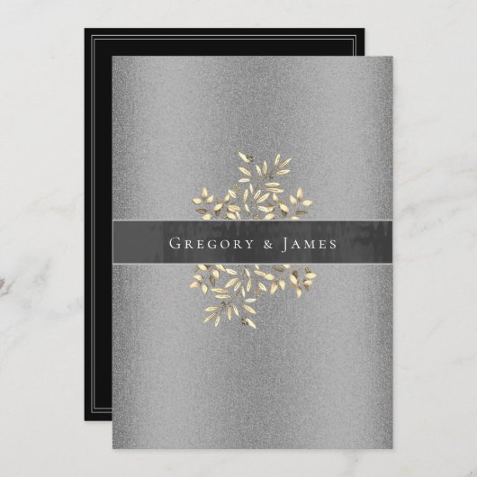 シルバーアンドグレーボタニカルサテンリボンゲイ結婚ズ 招待状 (正面/裏面)
