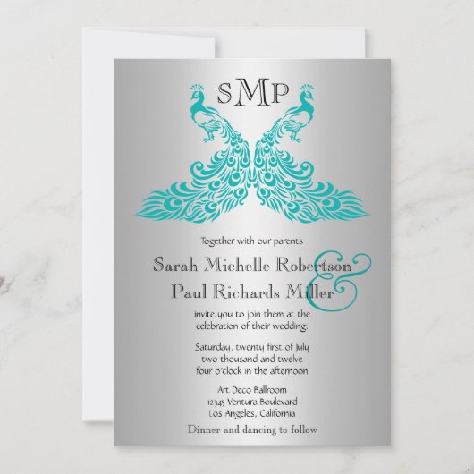 シルバーアンドティール（緑がかった色）ピーコック結婚式招待状 招待状 (正面)