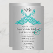 シルバーアンドティール（緑がかった色）ピーコック結婚式招待状 招待状 (正面/裏面)