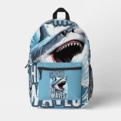 シルバーアンドネイビーシャークグラフィティストリートウェアエステティ プリントバックパック (正面)