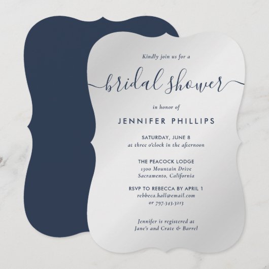 シルバーアンドネイビーブルースクリプトブライダルシャワー 招待状 (正面/裏面)