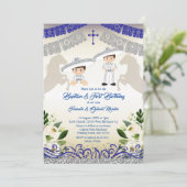 シルバーアンドネイビーブルーボーイバプテスマと誕生日 招待状 (スタンド正面)